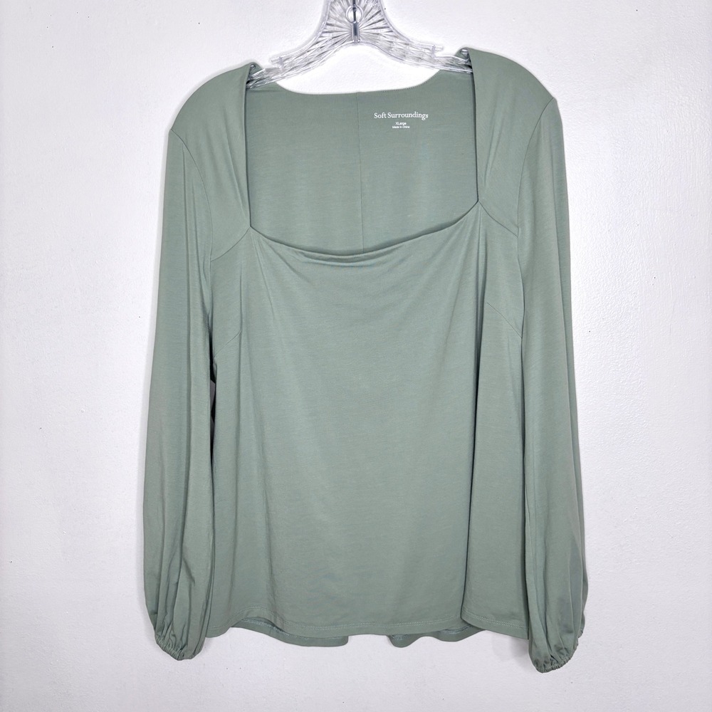 Soft Surroundings Top XL Green Pima Cotton Puff Sleeve Minimalist Quiet Luxury